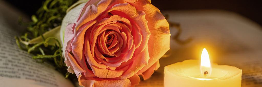 Eine Rose und eine Kerze liegen auf einem geöffneten Buch